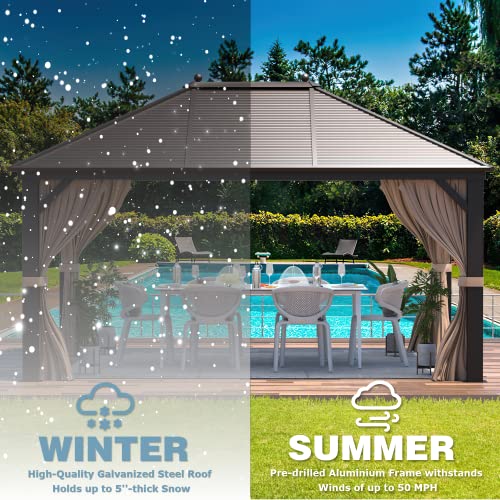 MELLCOM 10'x13' Hardtop Gazebo with Netting and Curtains Dark Brown