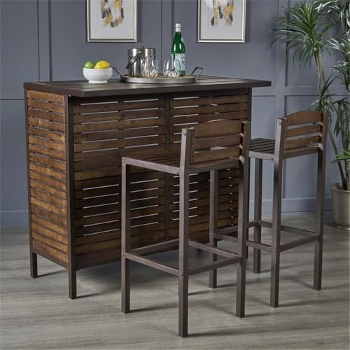 Noble House Leni Indoor Bar Set with Rustic Metal Accents Dark Brown