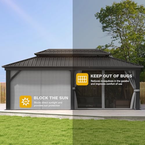 DWVO 12x20ft Hardtop Gazebo Double Roof with Nettings and Curtains Gray