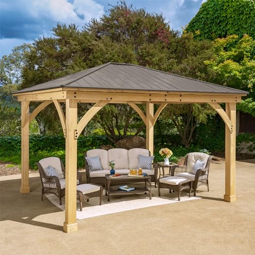 Yardistry 12x14 Meridian Cedar Wood Gazebo Pavilion with Aluminum Roof Brown