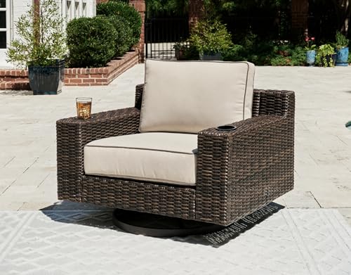 Signature Design by Ashley Coastline Bay Casual Outdoor Swivel Lounge with Cushion, Beige & Dark Brown