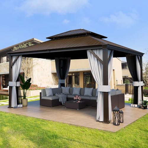 Pamapic 12'x14' Hardtop Gazebo with Double Roof, Netting & Curtains, Brown