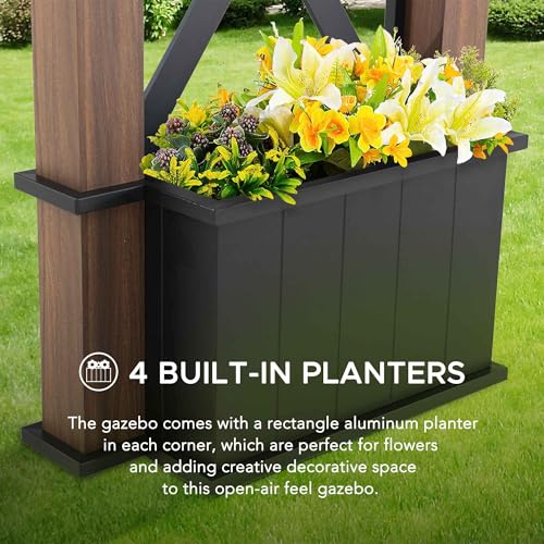 SummerCove Hardtop Gazebo 13ft x 15ft Black Steel Roof with Planters and Ceiling Hook