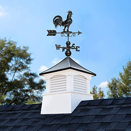 Good Directions 30" Square Coventry Vinyl Cupola with Black Aluminum Roof and Rooster Weathervane Vinyl/Black