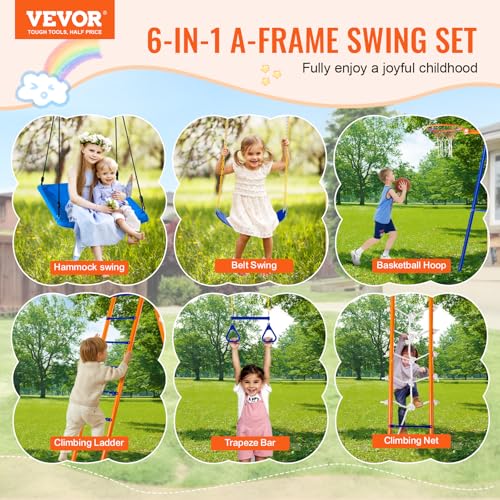 VEVOR 6-in-1 Swing Set with Swings, Trapeze, Ladder, Net & Hoop Blue/Orange