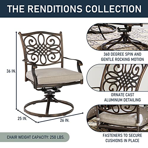 Hanover Renditions 11-Piece Outdoor Dining Set with Sunbrella® Fabric, 60"x84" Table & Swivel Chairs in Silver/Bronze