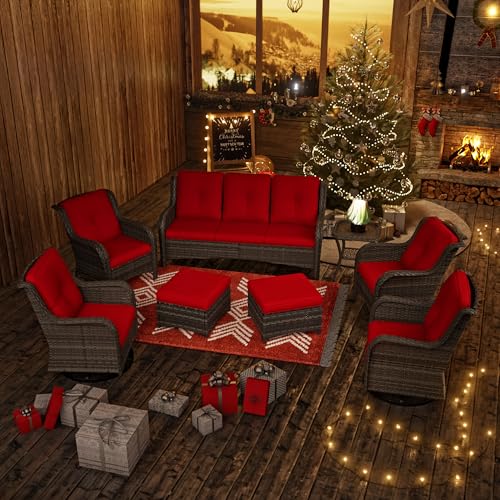 MeetLeisure 8-Piece Wicker Patio Furniture Set with Sofa, Swivel Rocking Chairs, Ottomans, and Side Table Red