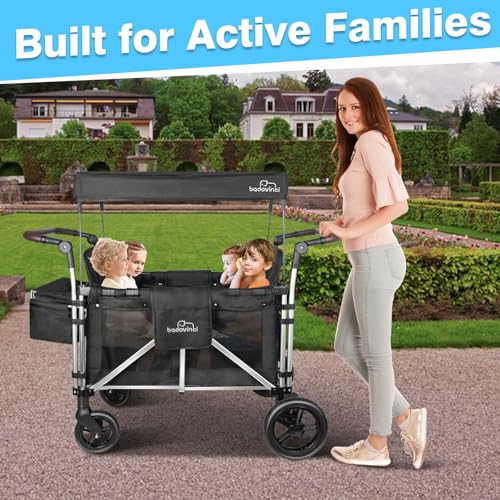 Badovinci Folding Stroller Wagon for 4 Kids with 5-Point Harness and Adjustable Canopy Black
