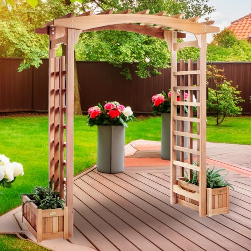All Things Cedar 6-ft Cedar Garden Pagoda Arbor with Side Planters Red