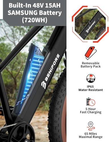Luckeep 1200W Electric Mountain Bike with Lock, 26" Fat Tire, 48V Battery