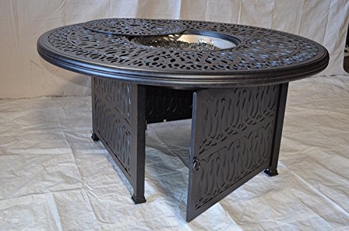 theWorldofpatio Grand Tuscany 7pc Outdoor Patio Dining Set with 52" Round Firegas Table and Sunbrella Cushions Antique Bronze