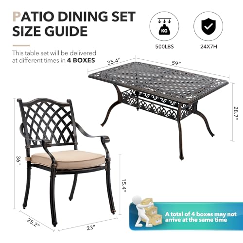 Ailismail 7-Piece Outdoor Dining Set Cast Aluminum Retro Patio Dining Set for 6 with 59” Table, 6 Chairs, Thicker Cushion, and Umbrella Hole Bronze