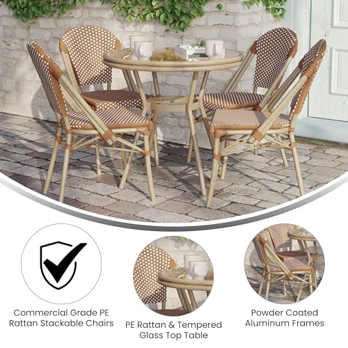 EMMA + OLIVER Colmar Indoor/Outdoor Bistro Set Natural & White Rattan with Light Natural Frame