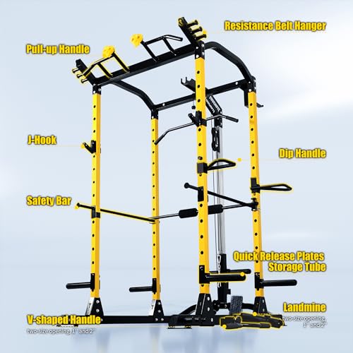 ToughFit Power Cage 1000lbs Squat Rack with Weights and Bar Set Black&Yellow