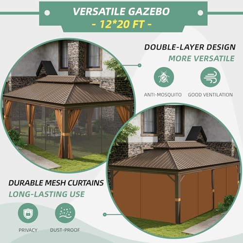 Jolydale Sonegra 12' x 20' Permanent Hardtop Gazebo Aluminum Frame with Curtains & Netting Brown