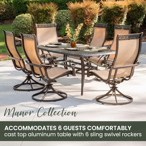 Hanover Manor 7-Piece Outdoor Dining Set with Cast-Top Aluminum Table and 6 Tan PVC Sling Rockers Cast/Sling
