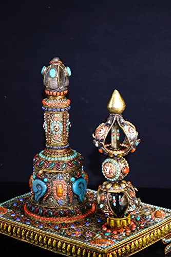Generic Tibetan Silver Gilt Mosaic Gem Dzi Beads Vajra Rattle Bell Set 17
