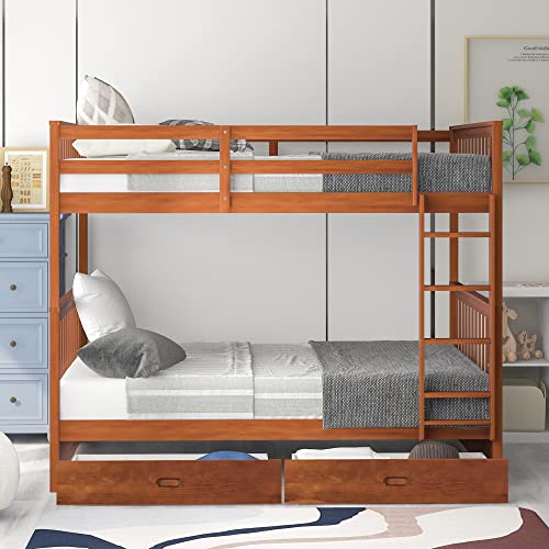 Jintop Full-Over-Full Bunk Bed with Ladders & Storage Drawers Walnut