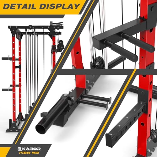KABOR Power Cage 1800lbs Multi-Functional Power Rack with Dual Pulley System and Leg Holder TL100 Red