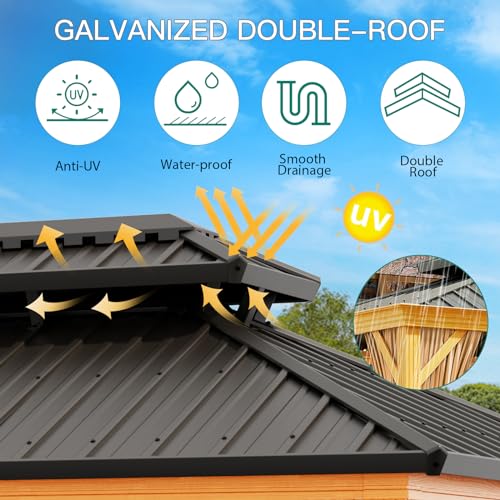 Euker 12x20 FT Outdoor Hardtop Gazebo Heavy-Duty Galvanized Steel Double Roof with Netting and Sunshade Curtains Wood Grain
