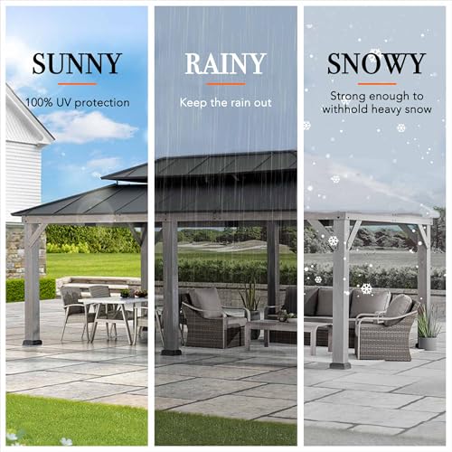 Sunjoy 12x20 ft. Wood Gazebo with Aluminum Hardtop, Cedar Frame, 2-Tier Roof, Matte Black + Gray Wood