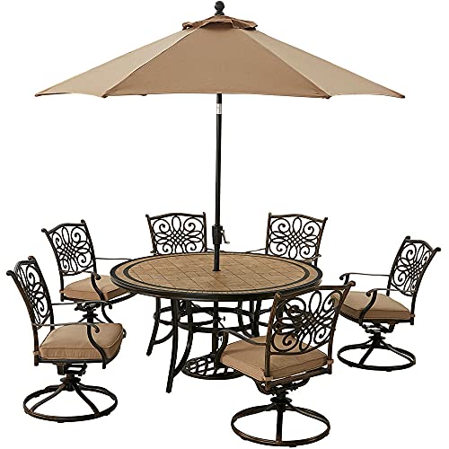 Hanover Monaco 7-Piece Outdoor Patio Dining Set with 6 Cushioned Swivel Rocker Chairs, 60" Round Table, Umbrella & Base, Tan