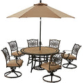Hanover Monaco 7-Piece Outdoor Patio Dining Set with 6 Cushioned Swivel Rocker Chairs, 60" Round Table, Umbrella & Base, Tan