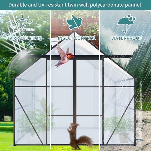 KEIKI 8x10 FT Double Door Polycarbonate Greenhouse with Aluminum Frame Black