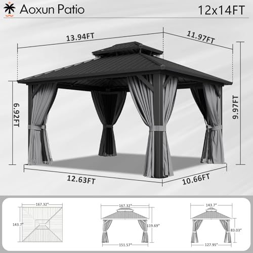 Aoxun 12Ft x 14Ft Hardtop Gazebo with Breathable Netting and Curtains Gray