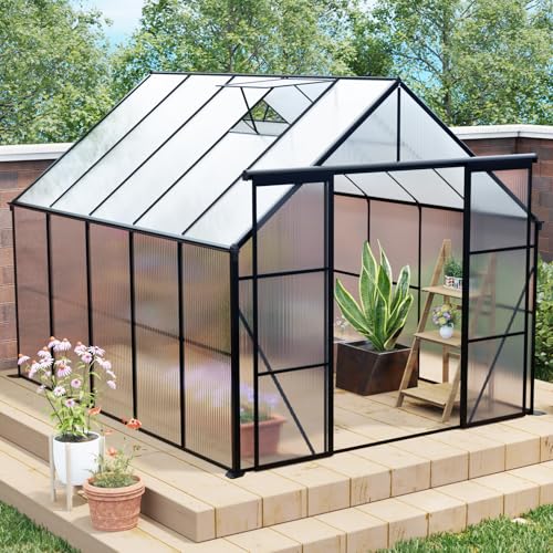 KEIKI 8x10 FT Double Door Polycarbonate Greenhouse with Aluminum Frame Black