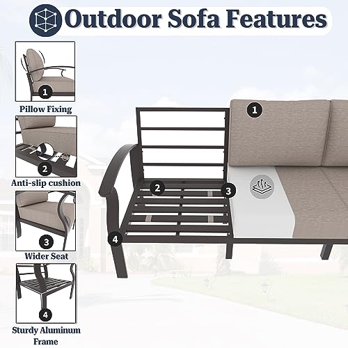 Kurapika 8-Piece Aluminum Patio Furniture Set with Propane Fire Pit Table, Modern Outdoor Sectional Sofa, Sand