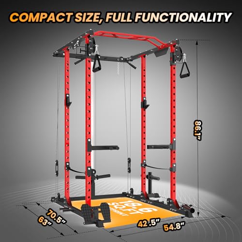 GOCAPTAIN Power Cage Multi-Functional Rack with Cable Cross-Over and Lat Pull Down Black/Red