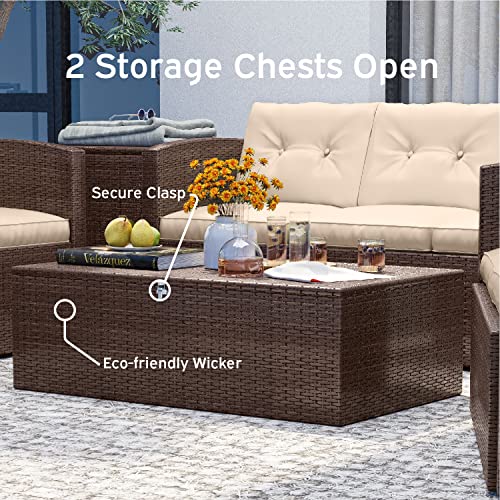 Nestl 6-Piece Patio Furniture Set with Storage Box, Brown Wicker/Beige Cushions