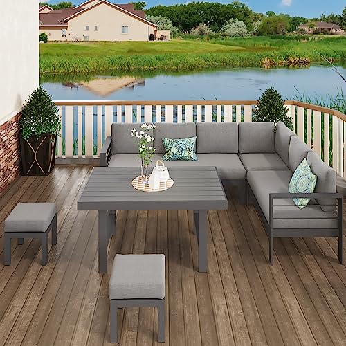 Solaste 6 Piece Aluminum Patio Furniture Set with Fire Pit Table and Ottoman Grey