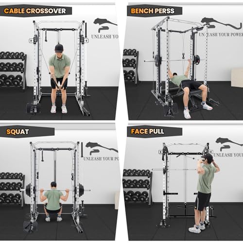 STMHOM Power Cage Smithbar White, 2000 Lbs Power Rack with Cable Crossover System, Multi-Functional Squat Rack with LAT Pulldown for Home Gym