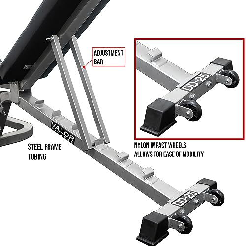 Valor Fitness Adjustable Bench with Leg Support - 7 Position Back Pad, 4 Position Seat Pad - DD-25 Adjustable Bench with Wheels