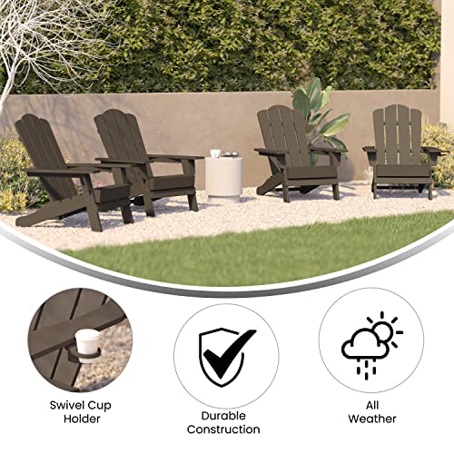 BizChair Adirondack Chairs Set of 4 with Cup Holders, Weather Resistant Poly Resin Brown