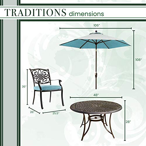 Hanover 5-Piece Traditions 48" Cast-Top Aluminum Patio Dining Set with Cushioned Chairs and Umbrella Stand Blue