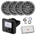 Enrock Marine Bluetooth AM/FM Digital Media Receiver with 4X 6.5" 180 Watt Gray Speakers and 4-Channel Amplifier Wiring Kit