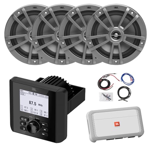 Enrock Marine Bluetooth AM/FM Digital Media Receiver with 4X 6.5" 180 Watt Gray Speakers and 4-Channel Amplifier Wiring Kit