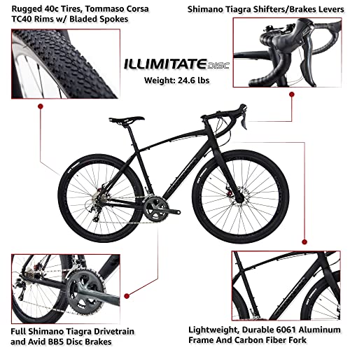 Tommaso Illimitate Sport Performance Aluminum Gravel Bike Carbon Fork Shimano Tiagra 20 Speeds Road Bicycle Matte Black