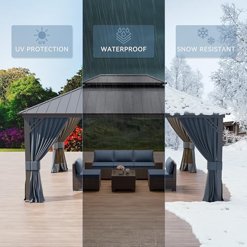 Kurapika 12' x 16' Hardtop Gazebo Outdoor Metal Pavilion with Galvanized Steel Roof, Curtains & Netting Navy Blue