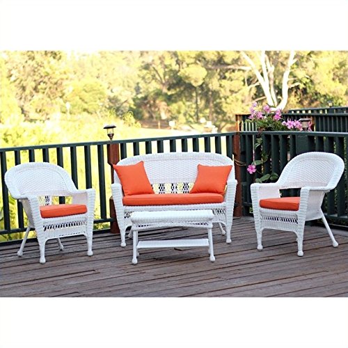 Jeco 4pc Wicker Conversation Set White with Brick Orange Cushions