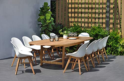Amazonia Lothian 13-Piece Oval Patio Dining Set Teak Wood Extendable White Chairs