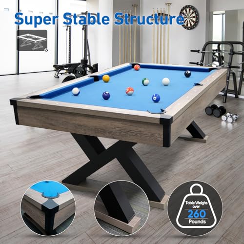 WAQINBR 7 ft Pool Table Rustic Blond K-Shaped Legs Royal Blue Cloth