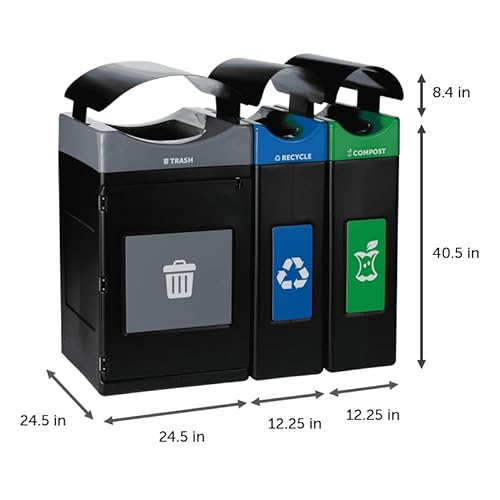 Commercial Zone Products Avante™ Series Black Triple-Stream Trash Recycling Compost Center 55-Gallon Square 30-Gallon Narrow