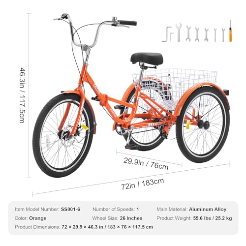 VEVOR Folding Adult Tricycle 26-Inch Lightweight Aluminum Alloy 3 Wheel Cruiser Bike with Large Rear Basket Orange