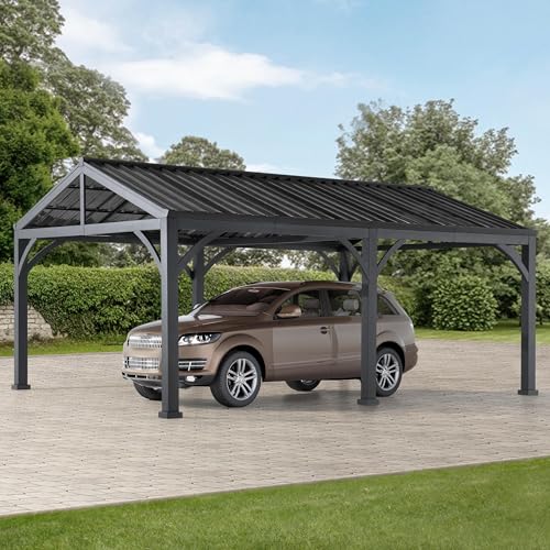 Sunjoy Carport 14ft x 20ft Outdoor Gazebo Heavy Duty Garage Car Shelter Brown/Black