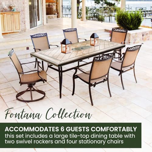 Hanover Fontana 7-Piece Patio Dining Set Rust Resistant Aluminum Outdoor Dining Set for 6 with Swivel Rockers and Tile-Top Table Tan