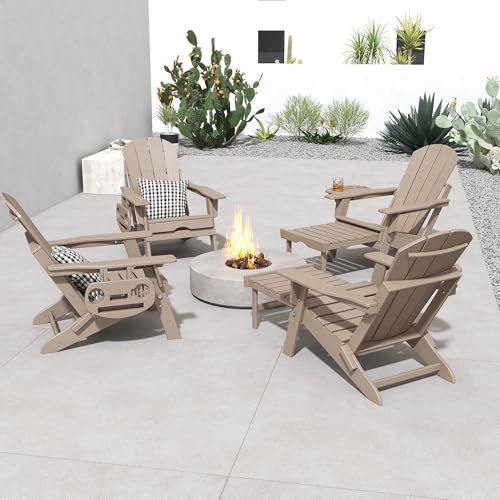 FOOWIN Adirondack Chair with Retractable Ottoman, Adjustable HDPE Folding Chair Set of 4, All-Weather Resistant, Brown